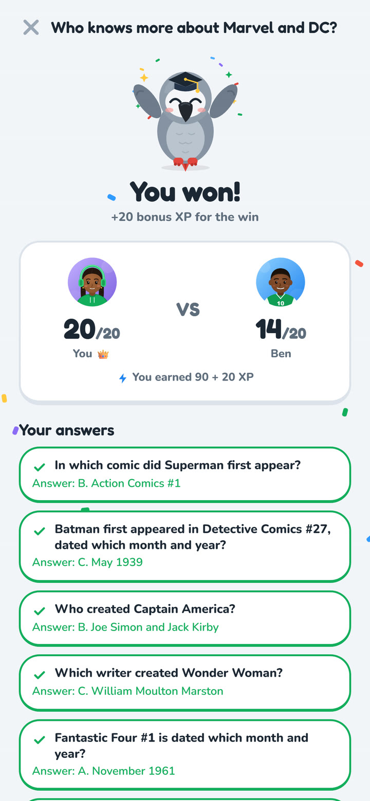 A quiz battle won 20 to 14