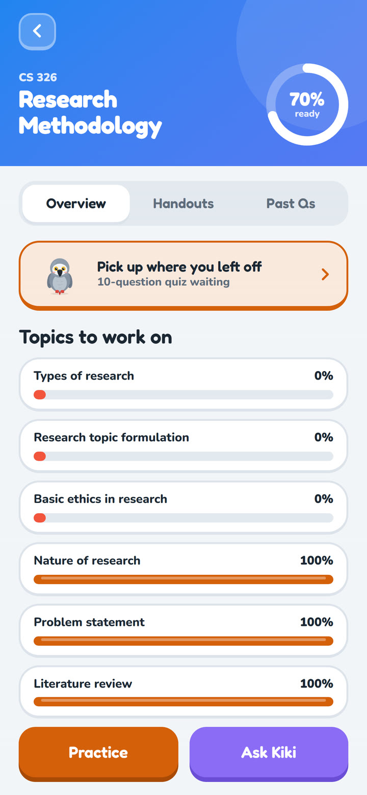 A course page showing 70% ready, with topics to work on