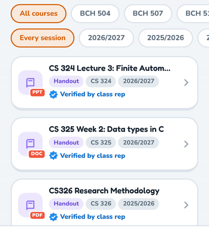 School library: handouts for CS 324, CS 325 and CS 326, each verified by the class rep