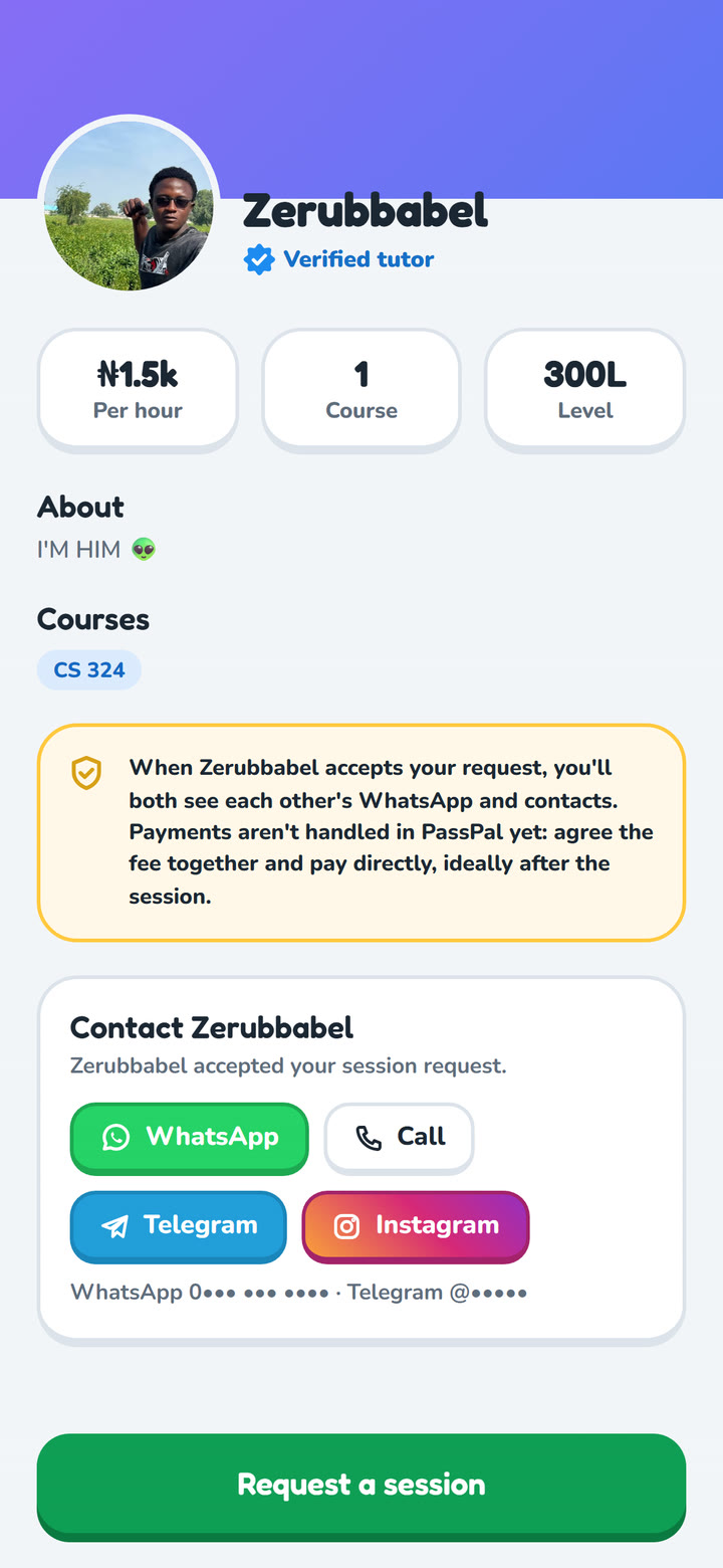A verified tutor’s profile with WhatsApp and call buttons after the request was accepted